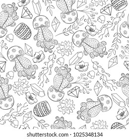 Seamless pattern with cacti, succulents, indoor plants in flower pots with ornament, crystals, branches, leaves, berries, bushes, flowers. Sketch. Painting