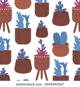 Seamless pattern with cacti and succulents in pots. Packaging design for flower shops. Creating a home garden. Vector illustration isolated on transparent background.