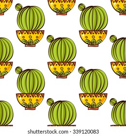 Seamless pattern of cacti and succulents in pots. In the hand drawn style. For scrapbooking, fabric, wrapping paper