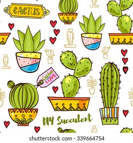 Seamless pattern of cacti and succulents in pots. In the hand drawn style. For scrapbooking, fabric, wrapping paper