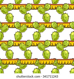 Seamless pattern of cacti and succulents in pots. In the hand drawn style. For scrapbooking, fabric, wrapping paper