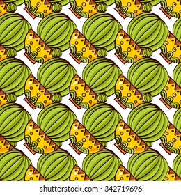 Seamless pattern of cacti and succulents in pots. In the hand drawn style. For scrapbooking, fabric, wrapping paper