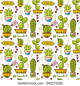 Seamless pattern of cacti and succulents in pots. In the hand drawn style. For scrapbooking, fabric, wrapping paper