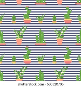 Seamless pattern of cacti and succulents in pots. Flat design cactus isolated on striped background. Vector illustration.