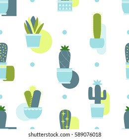 Seamless Pattern with cacti and succulents. Scandi style. Vector Illustration.
