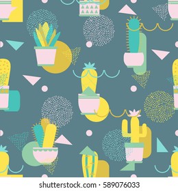 Seamless Pattern with cacti and succulents. Scandi style. Vector Illustration.