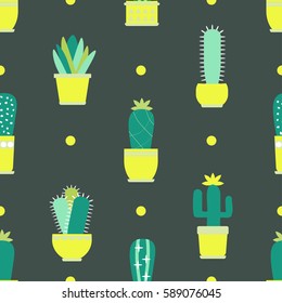 Seamless Pattern with cacti and succulents. Scandi style. Vector Illustration.