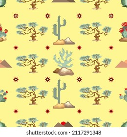 Seamless pattern with cacti, succulents and shrubs on a yellow background with decorative elements