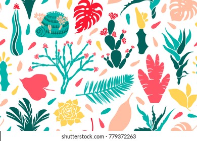 Seamless pattern with cacti, succulents and tropical leaves. Mammilia, prickly pear, haworthia, hathira, aloe, palm, monstera, hibiscus. Vector illustration.