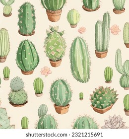 Seamless pattern of cacti and succulents in vector art. Prickly paradise