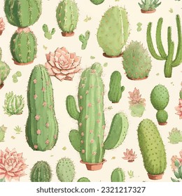 Seamless pattern of cacti and succulents in vector artwork. Southwest wonders