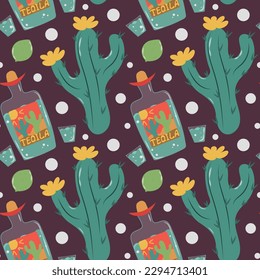 Seamless pattern with cacti and tequila