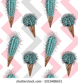 Seamless pattern. Cacti in a waffle cone of ice cream on a pink geometry background. Vector illustration.