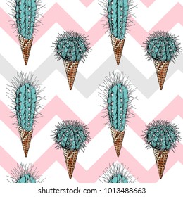 Seamless pattern. Cacti in a waffle cone of ice cream on a pink geometry background. Vector illustration.
