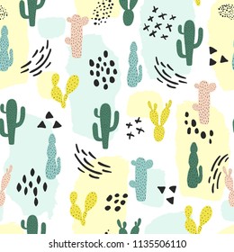 Seamless pattern with cactus and abstract hand drawn design elements. Repeating cacti background. Modern artistic vector graphics