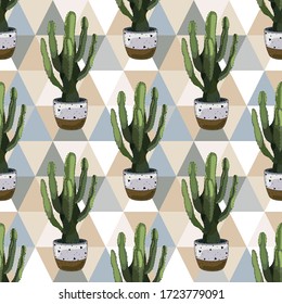 Seamless pattern with cactus. Abstract cactus, succulent. Interior plants. Wallpaper, print, modern textile design, wrapping paper. Vector illustration.