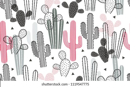 Seamless Pattern with Cactus. Abstract Vector Background.