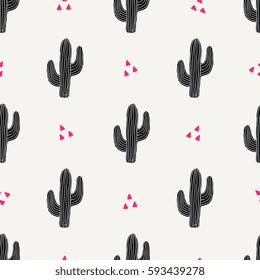 Seamless pattern with cactus in black and pink on cream background.