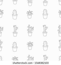 Seamless pattern with cactus. Black and white vector illustration.