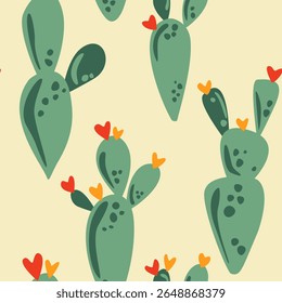 Seamless pattern with cactus blossoming with orange and red hearts on yellow background, cute illustration could be used as wallpaper, print, card, paper, fabric, texture