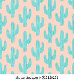 Seamless pattern with cactus in blue on pink background.