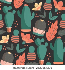 seamless pattern with cactus, botanical, cowboy, succulent, flora, vector art illustration design