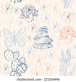 Seamless pattern with cactus, butterflies, flowers and shells. vector