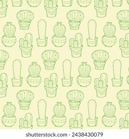 Seamless pattern with cactus. Pattern of cactus. Cacti in pots. Vector background. Cute cartoon cactus pattern.