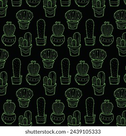 Seamless pattern with cactus. Pattern of cactus. Cacti in pots. Vector background. Cute cartoon cactus pattern.