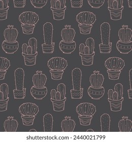 Seamless pattern with cactus. Pattern of cactus. Cacti in pots. Vector background. Cute cartoon cactus pattern.