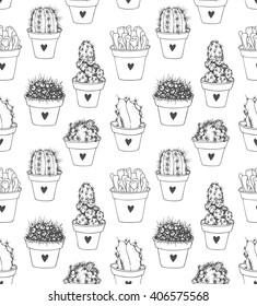 Seamless pattern of cactus. Cacti in pots. Vector illustration. 