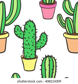 Seamless pattern with cactus. Pattern of cactus. Cacti in pots. Vector background. Cute cartoon cactus pattern.