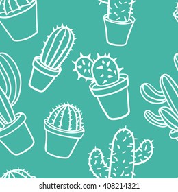 Seamless pattern with cactus. Pattern of cactus. Cacti in pots. Vector background. Cute cartoon cactus pattern.