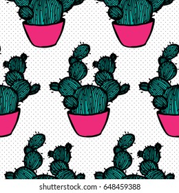 Seamless pattern with cactus. Pattern of cactus. Cacti in pots. Vector background. Cute cartoon cactus pattern.