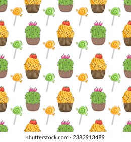 Seamless pattern with cactus cake and cupcakes