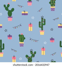 Seamless pattern with cactus in a clay pots with garland, lights isolated on blue background. Vector Christmas illustration for postcard, banner, design, web, advirtising.