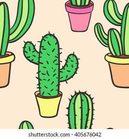 Seamless pattern with cactus. Cute cartoon cactus pattern. Vector illustration. 