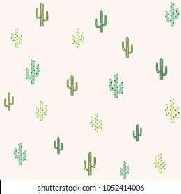 Seamless pattern with cactus in dark green and light green on cream background.