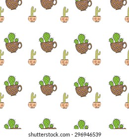 Seamless pattern with cactus in doodle style