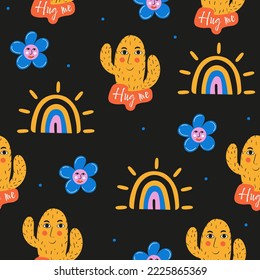 Seamless pattern with cactus, flower, rainbow on a black background. Hug me! Vector illustration. Cool print
