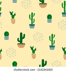 Seamless pattern of cactus in flowerpot. Cartoon colorful houseplants on beige background