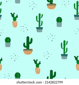 Nahtloses Muster der Kaktus in Blumenkästen. bunte Cartoon-Hauspflanzen auf blauem Hintergrund