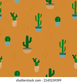 Patrón sin foco de cactus en la olla floral. Viñetas coloridas de dibujos animados sobre fondo naranja