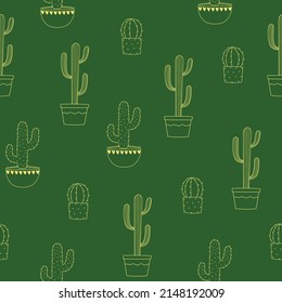 Seamless pattern of cactus in flowerpot. Line art yellow houseplants on green background