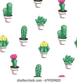Seamless pattern with cactus and flowers