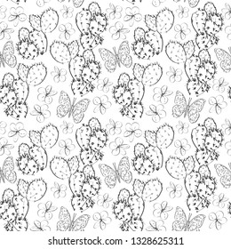 Seamless pattern cactus with flowers butterflies sketch, black contour isolated on white background. summer simple ornament, Can be used for Gift wrap, fabrics, wallpapers. Vector