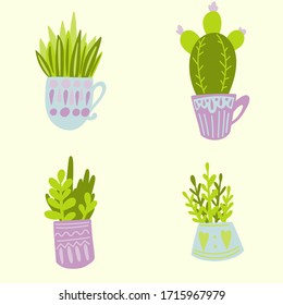 Seamless pattern with cactus, flowers, and grass. Delicate color.