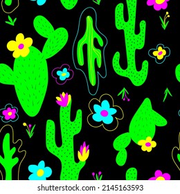 Seamless pattern with cactus, flowers, grass. Colorful design for fabric, gift paper, posters, wallpaper, social media banner, background, cover and print on a different product.
