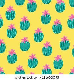 Seamless pattern with cactus and flowers in green and pink on cream background.