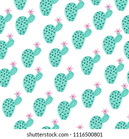 Seamless pattern with cactus and flowers in green and pink on cream background.